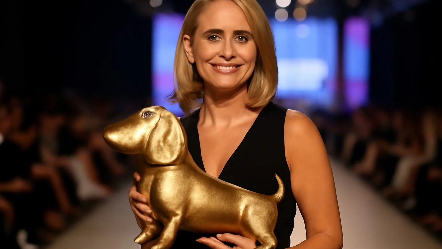 Andreea Esca, apariție remarcată la Bucharest Fashion Week: a pozat cu o geantă în formă de căţel
