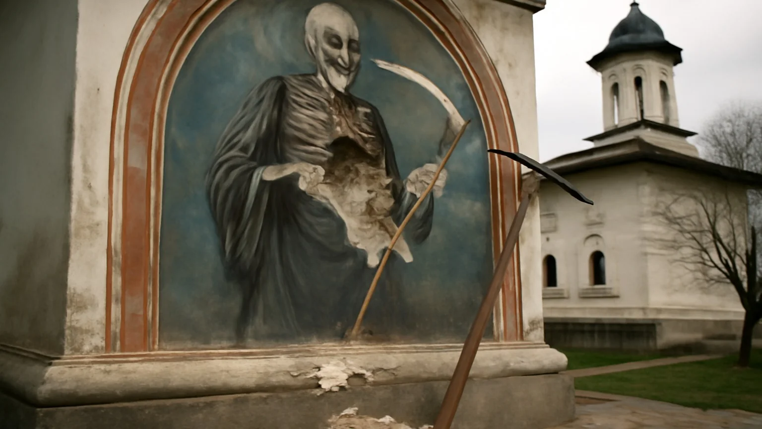 Fresca „Moartea râzând” din Argeș, vandalizată cu sapa; suspect identificat