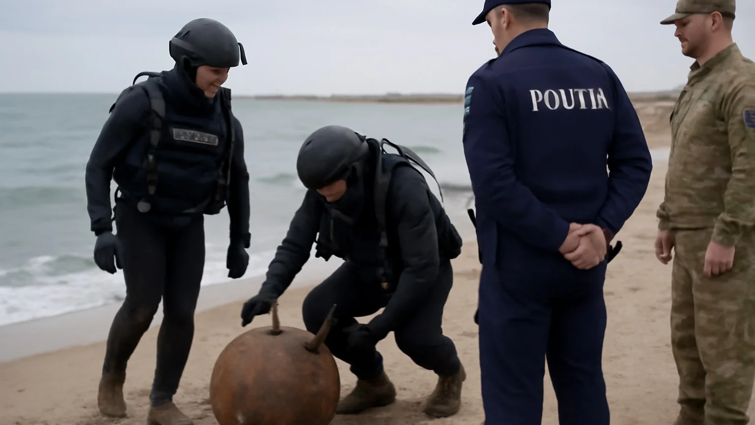 Mină marină eșuată pe plaja din zona poligonului Midia, neutralizată de scafandri militari