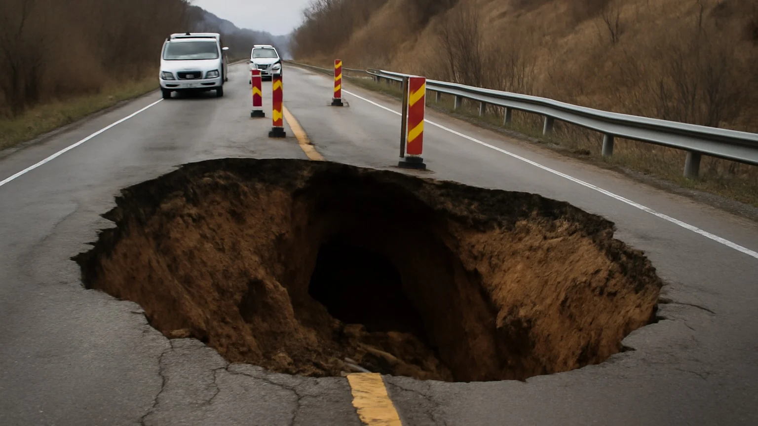 Surpare pe DN 56A (dealul Stârmina): a apărut un crater, circulația restricționată