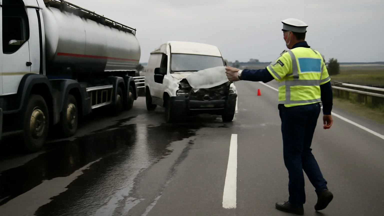 Trafic dirijat pe A7, în comuna Dumbrava: accident între o cisternă și o camionetă; scurgeri pe carosabil