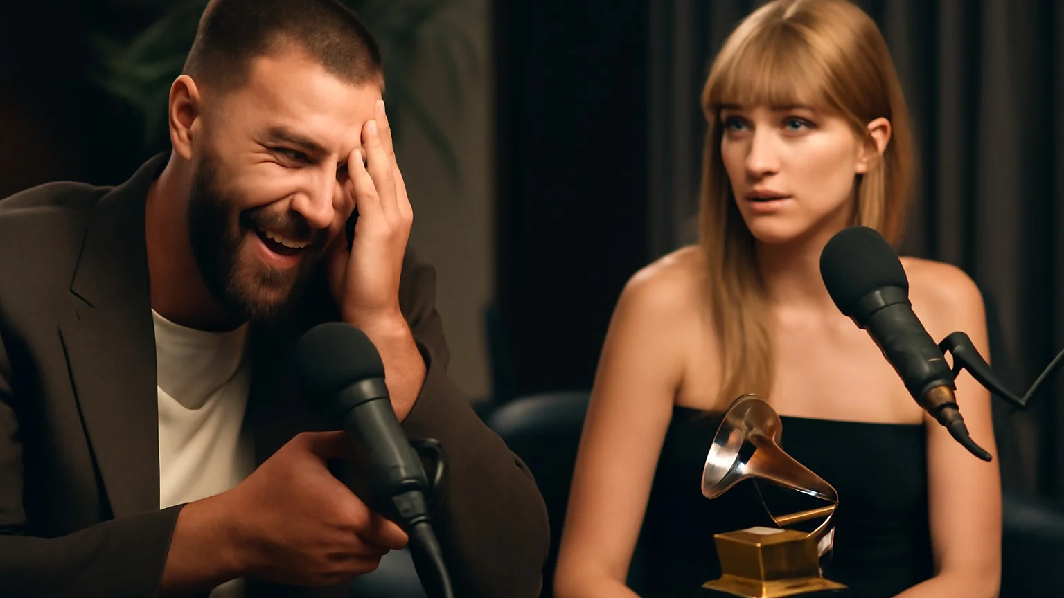 Viral: Travis Kelce glumește că l-ar supăra pe Taylor Swift după distrugerea accidentală a unui obiect în trailer‑ul podcastului